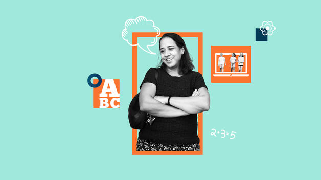 A collage graphic featuring a photo of UM-Dearborn professor Dara Hill surrounded by imagery representing education, like groups of children, ABC blocks, and laptops.