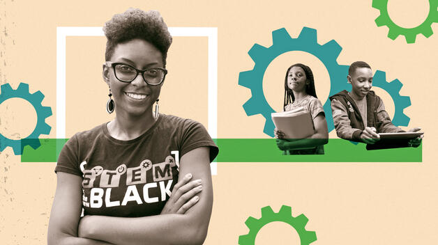 A collage graphic featuring UM-Dearborn professor DeLean Tolbert Smith wearing a t-shirt that says "STEM is the new Black," surrounded by two middle school students engaged in STEM learning and shapes representing gears.