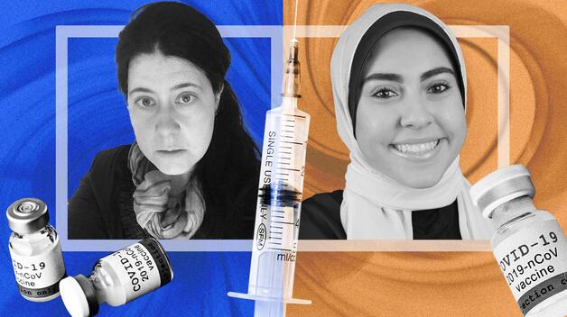 Graphic showing The Ethics of COVID researchers Philosophy Assistant Professor Kriszta Sajber and Health and Human Services major Sarah Khaleefah
