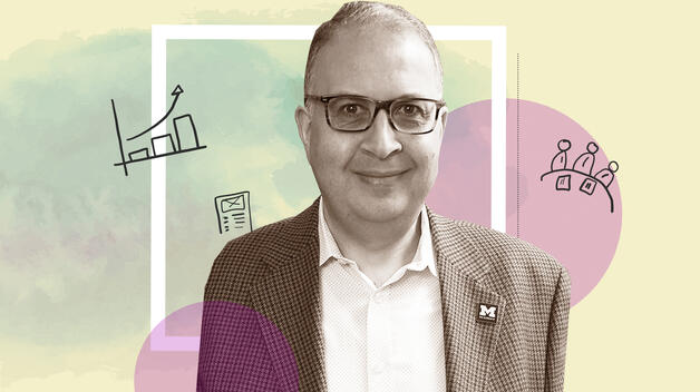 A collage image featuring a headshot of CECS Dean Ghassan Kridli surrounded by colorful shapes and handrawn icons of graphs, a calculator and stick figures of people working together as a team.