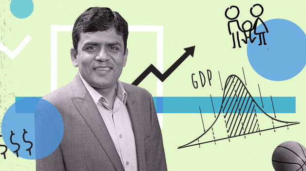 A colorful graphic featuring a headshot of statistics professor Keshav Pokhrel  surrounded by charts, arrows, stick figure drawings and other statistics icons.