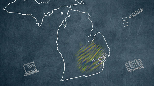 A graphic showing a chalkboard with a map of Michigan drawn on it, and a highlighted area around Southeast Michigan. Surrounding the map are hand-drawn icons representing education, like books and laptops.