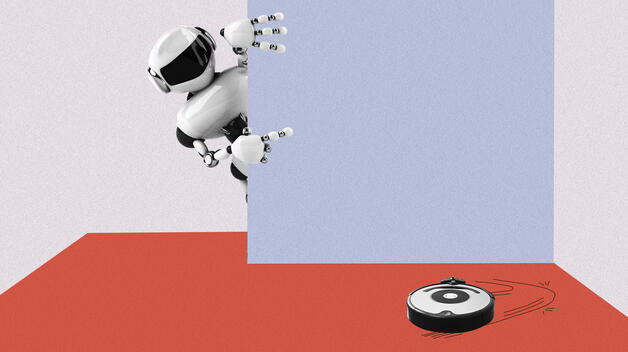 A graphic showing a futuristic humanoid robot looking around the corner at a Roomba doing its job in the next room.