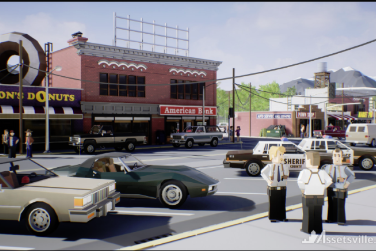 A screenshot of the small town landscape in the Cats About Town video game.