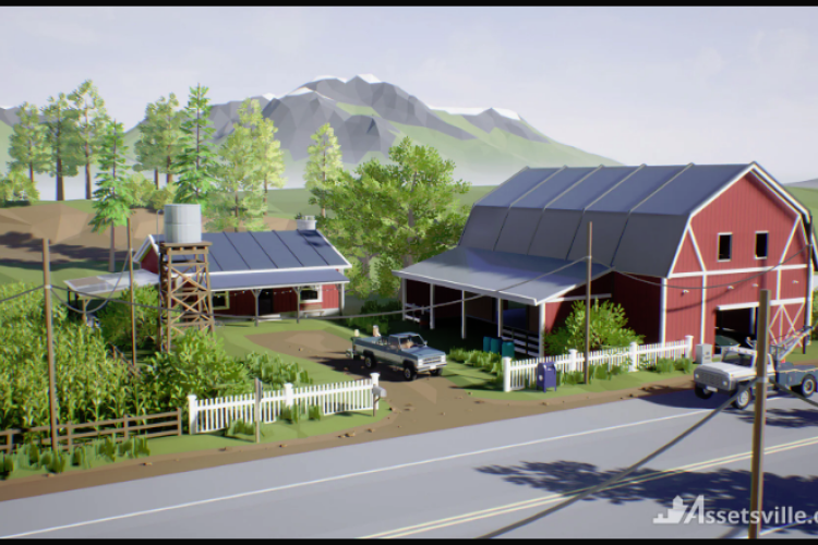 A screenshot of a farm landscape in the Cats About Town video game.