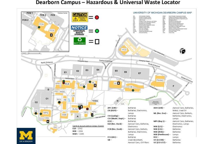 Map of campus showing where hazardous and universal waste is located around campus.