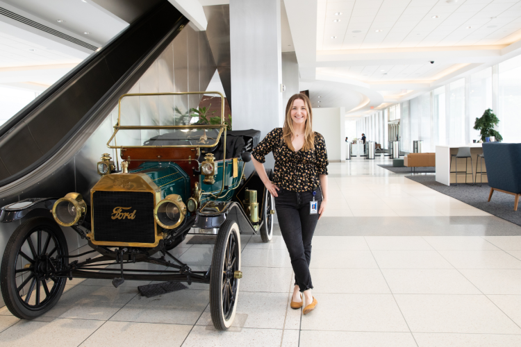 Caroline Tepper at the Ford World Headquarters building in Dearborn. 