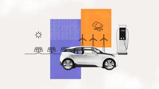 A colorful collage graphic featuring an EV, EV charger, wind turbines and solar panels