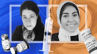 Graphic showing The Ethics of COVID researchers Philosophy Assistant Professor Kriszta Sajber and Health and Human Services major Sarah Khaleefah